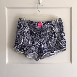 Navy blue/white print Pom Pom shorts